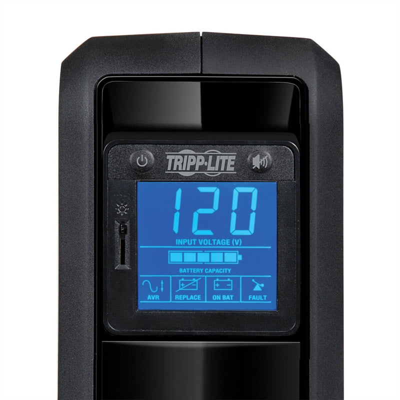 Detailed view of Tripp Lite OMNI650LCD UPS LCD screen showing power metrics