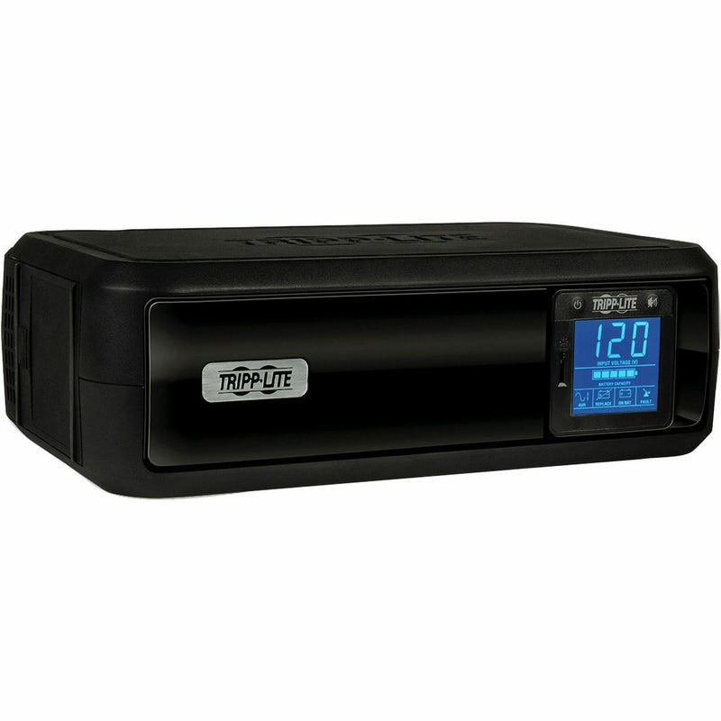 Front view of Tripp Lite OMNI650LCD UPS showing LCD display with power monitoring information