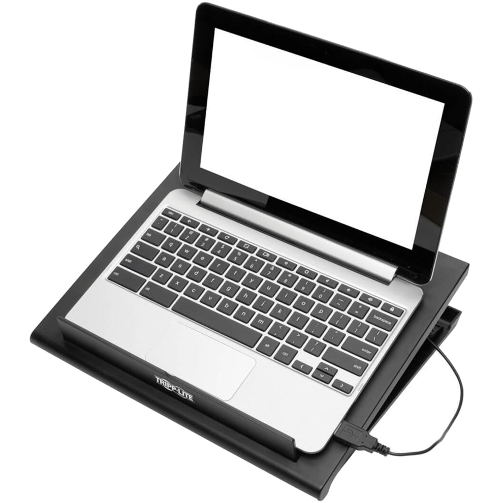 Side view of laptop placed on Tripp Lite cooling pad showing ergonomic angle and USB connection-alternate-image2