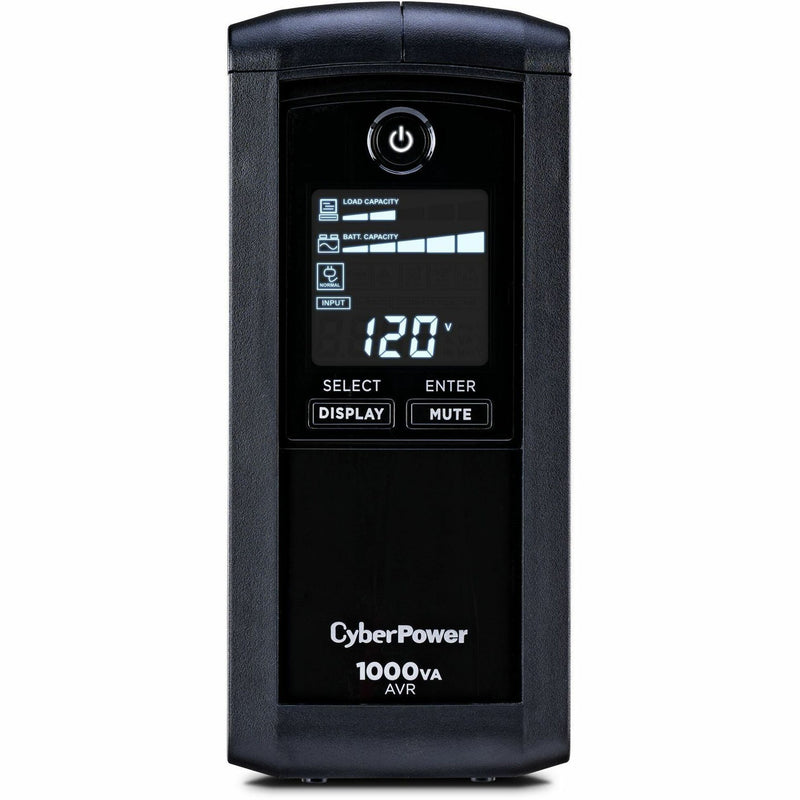 Front view of CyberPower CP1000AVRLCD UPS showing LCD display with power monitoring interface