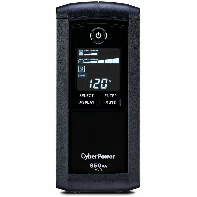 Front view of CyberPower CP850AVRLCD UPS showing LCD display panel with power status indicators and control buttons