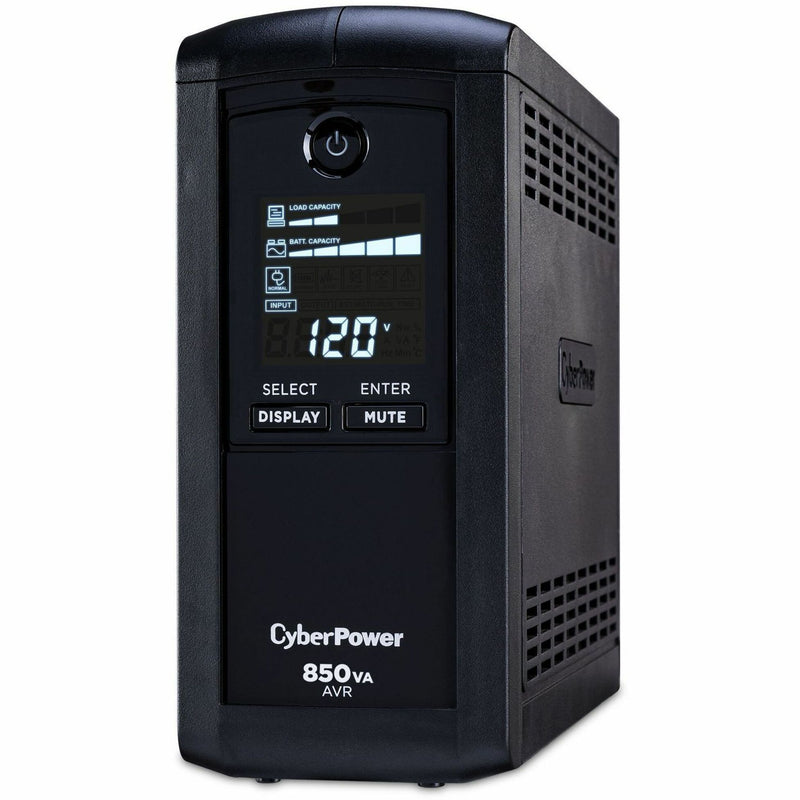 Three-quarter view of CyberPower CP850AVRLCD UPS highlighting its sleek design and LCD interface