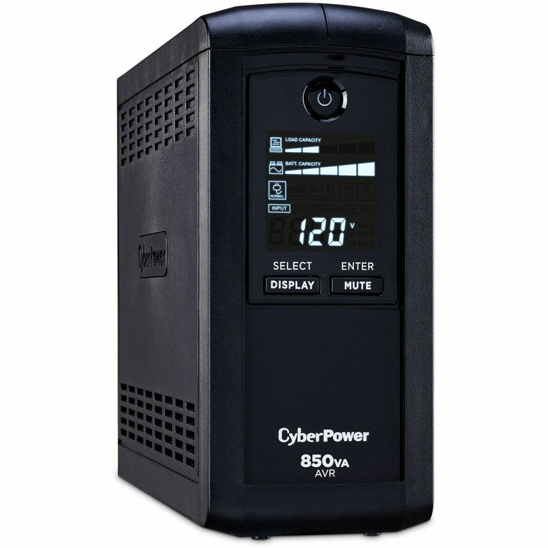 Side angle view of CyberPower CP850AVRLCD UPS showing ventilation grills and compact tower design