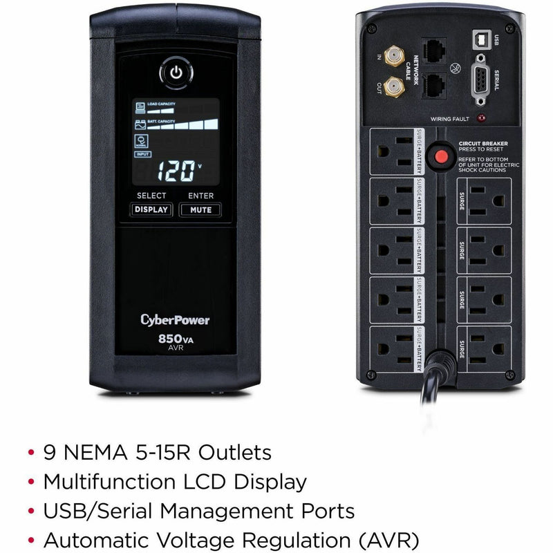 Split view showing front LCD panel and rear outlet configuration of CyberPower CP850AVRLCD UPS