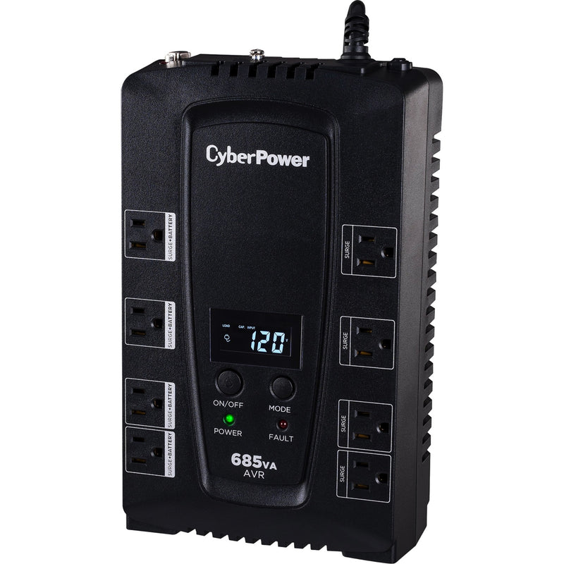 Angular view of CyberPower CP685AVRLCD UPS showing compact design and ventilation system