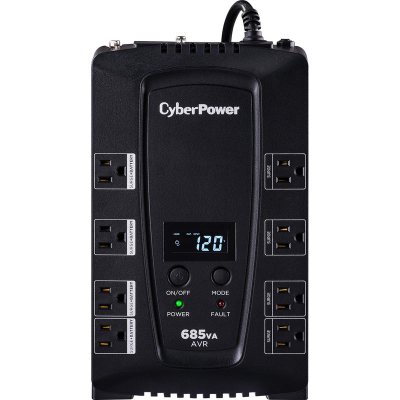 Front view of CyberPower CP685AVRLCD UPS showing LCD display, control buttons, and 8 power outlets