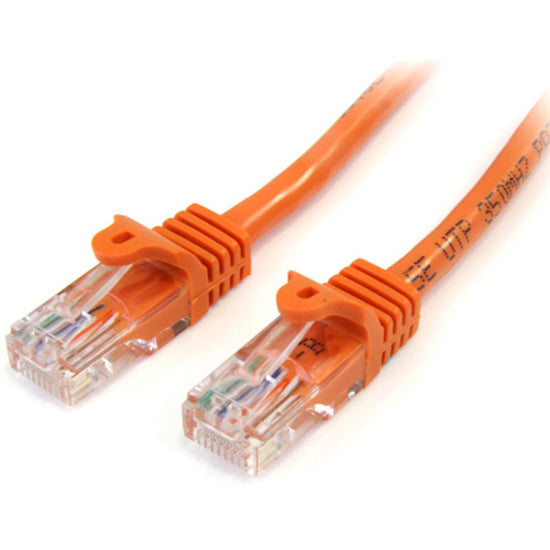 Orange Cat5e ethernet patch cable with snagless RJ45 connectors showing transparent connector ends with gold-plated pins