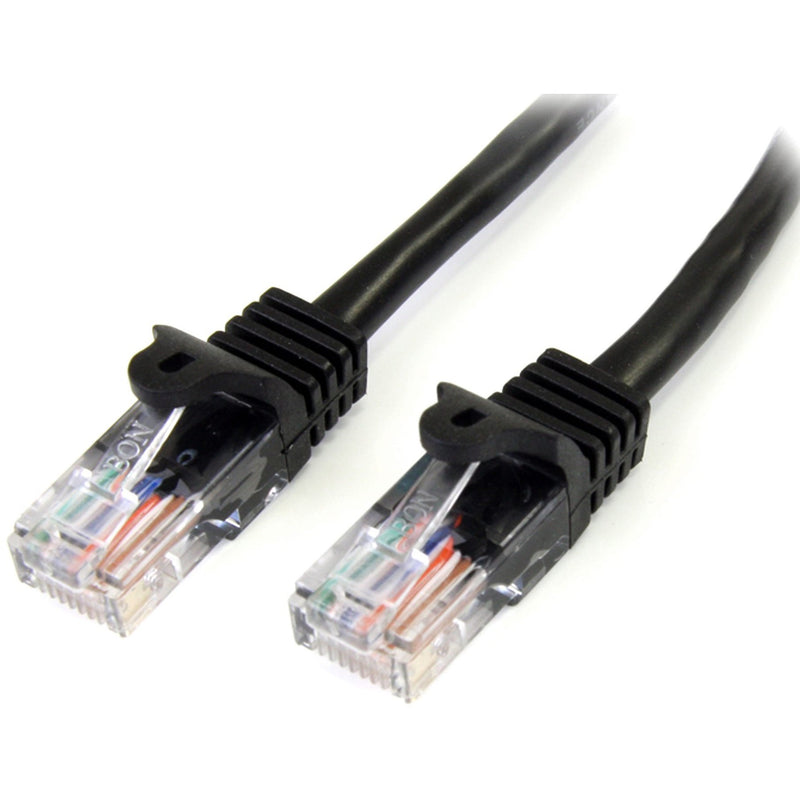 Close-up view of gold-plated RJ45 connectors with snagless boots on StarTech.com Cat5e patch cable