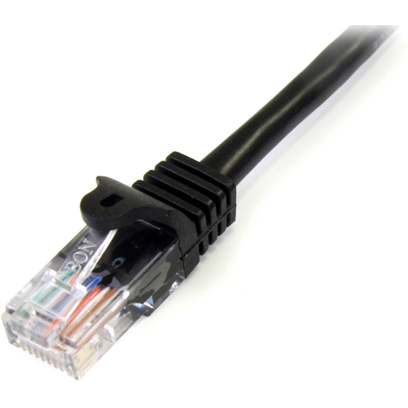 Detailed view of StarTech.com Cat5e cable RJ45 connector showing strain relief and internal wiring