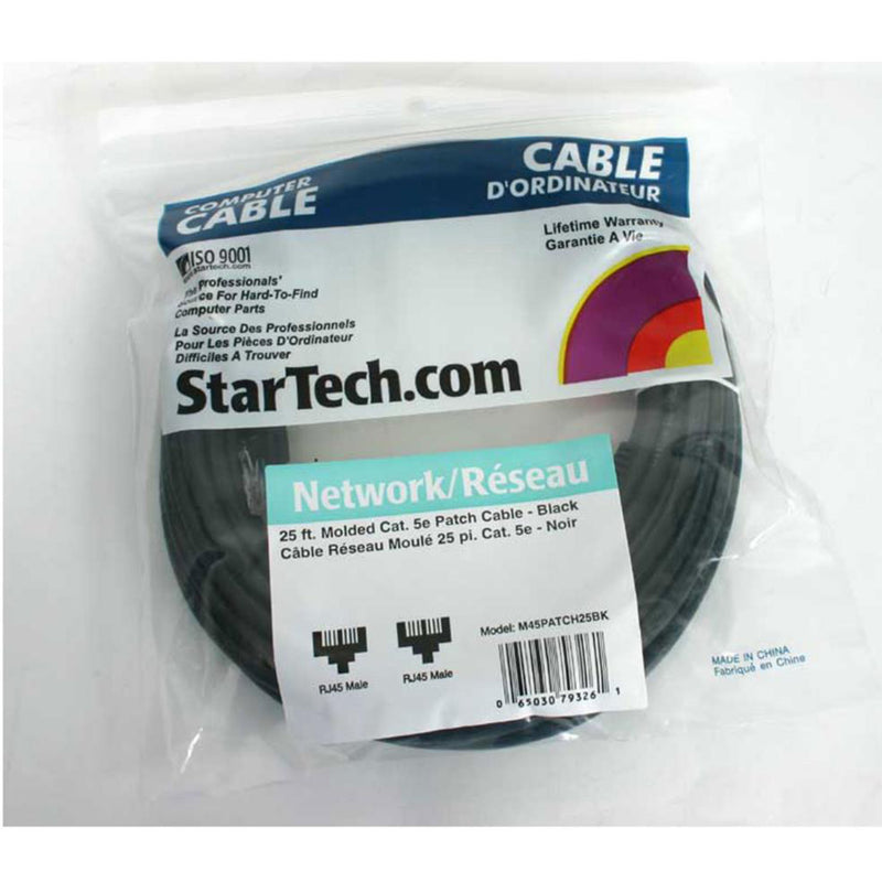 StarTech.com Cat5e network cable retail packaging showing 25-foot length and specifications