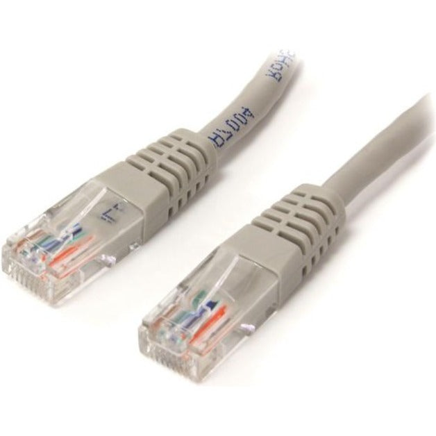 Close-up view of StarTech.com Cat5e patch cable RJ45 connectors showing gold-plated contacts and strain relief design