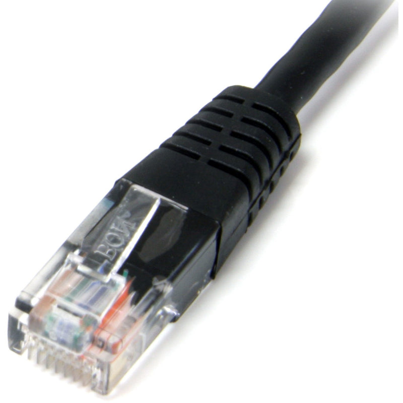 Detailed view of single RJ45 connector on StarTech.com Cat5e cable showing molded strain relief and connector construction