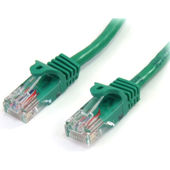 Close-up view of green Cat5e ethernet cable with snagless RJ45 connectors showing gold-plated contacts and protective boots