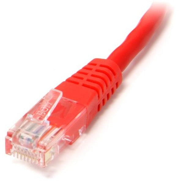 Detailed view of single RJ45 connector showing gold contacts and red strain relief boot on Cat5e cable