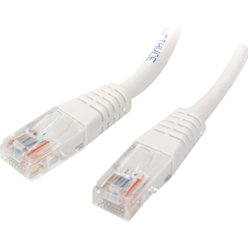 Close-up view of white Cat5e patch cable with gold-plated RJ45 connectors showing internal wiring