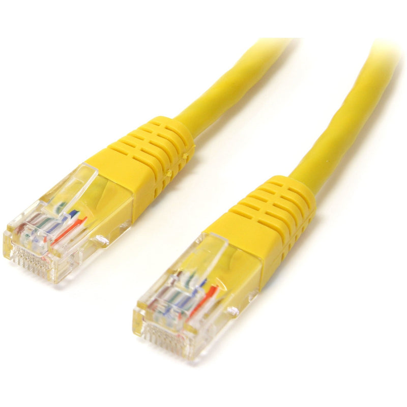 Close-up view of yellow Cat5e ethernet cable with gold-plated RJ45 connectors showing internal wiring