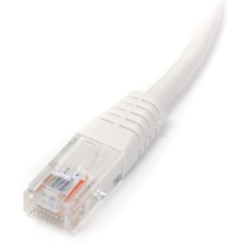 Detailed view of white Cat5e cable strain relief and RJ45 connector construction