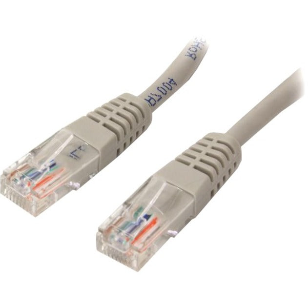 Close-up view of StarTech.com Cat5e patch cable RJ45 connectors showing gold-plated contacts and strain relief design