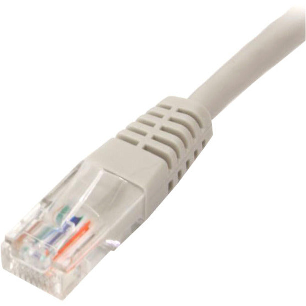 Detailed view of StarTech.com Cat5e cable connector showing strain relief mechanism and internal wiring