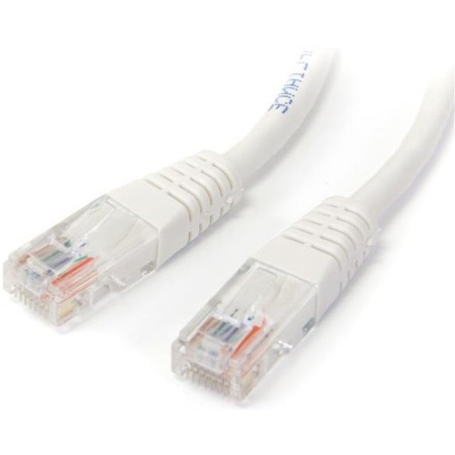 Close-up view of white Cat5e cable with gold-plated RJ45 connectors showing molded strain relief and transparent connector housing