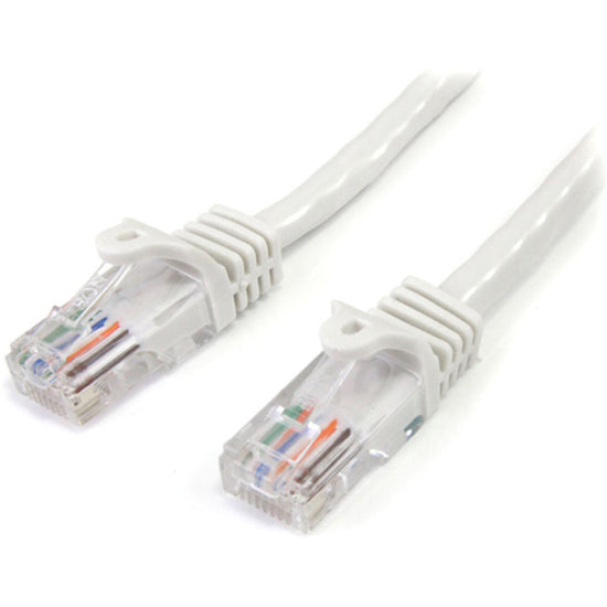 Close-up view of white Cat5e patch cable with transparent RJ45 connectors showing internal wiring and snagless boots