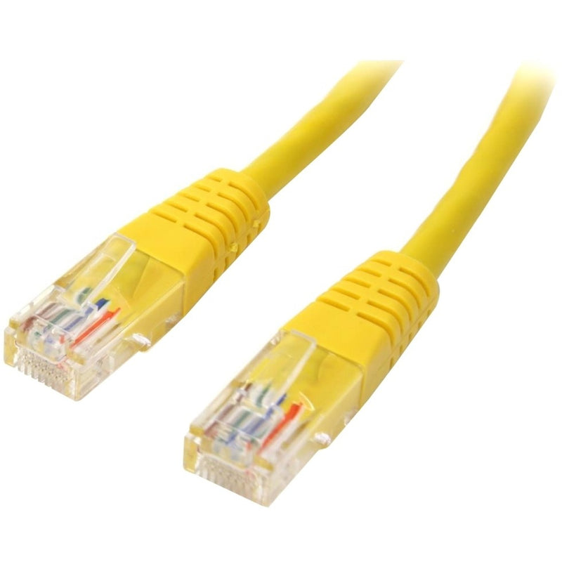 Close-up view of yellow Cat5e ethernet cable showing gold-plated RJ45 connectors with strain relief and transparent housing displaying internal wiring