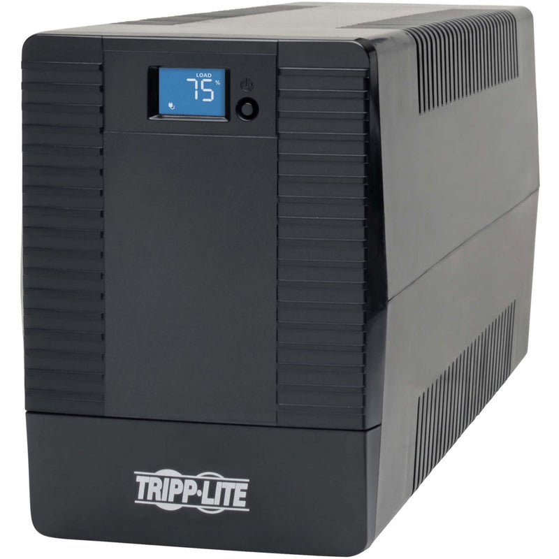 Angled view of Tripp Lite OMNIVS1500XL UPS showing load percentage on LCD display