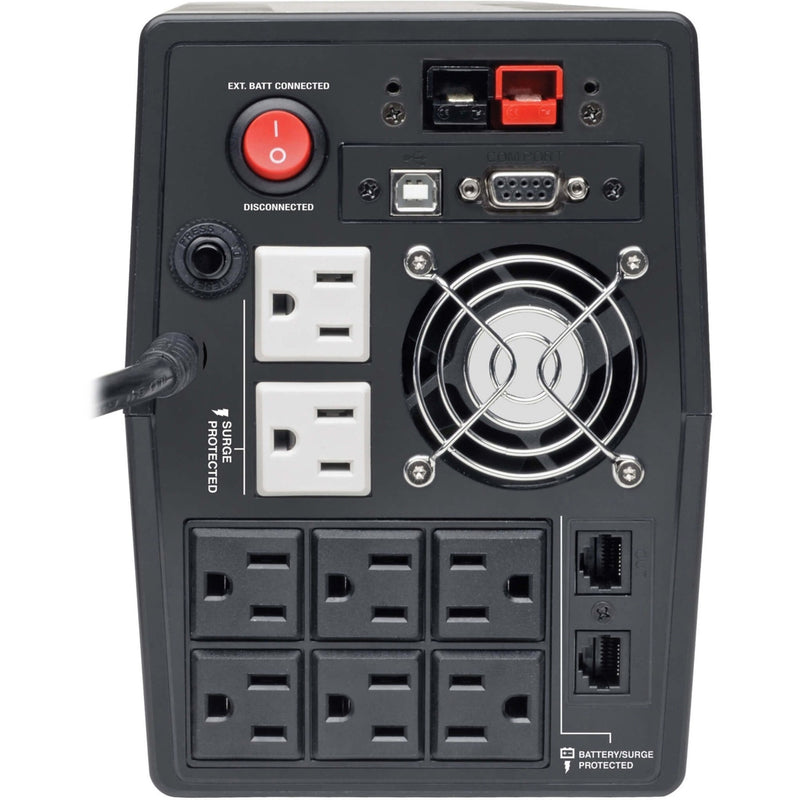 Rear panel view of Tripp Lite OMNIVS1500XL UPS showing outlets, ports, and cooling fan