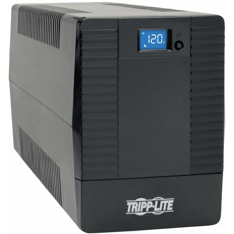 Side view of Tripp Lite OMNIVS1500XL UPS showing LCD display with 120V reading and ventilation design