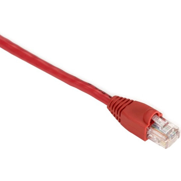 Close-up view of red Cat5e ethernet cable with snagless boot and RJ-45 connector