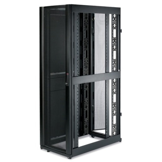 Full rack view showing APC NetShelter SX with integrated vertical cable management system