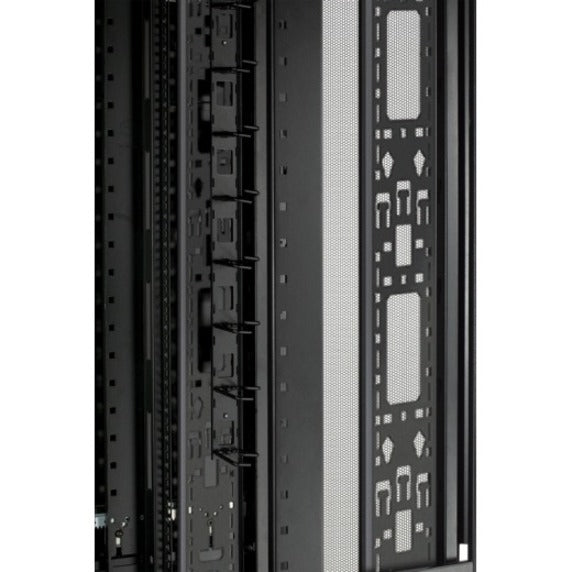 Close-up detail of APC NetShelter cable management system showing mounting options and cable channels