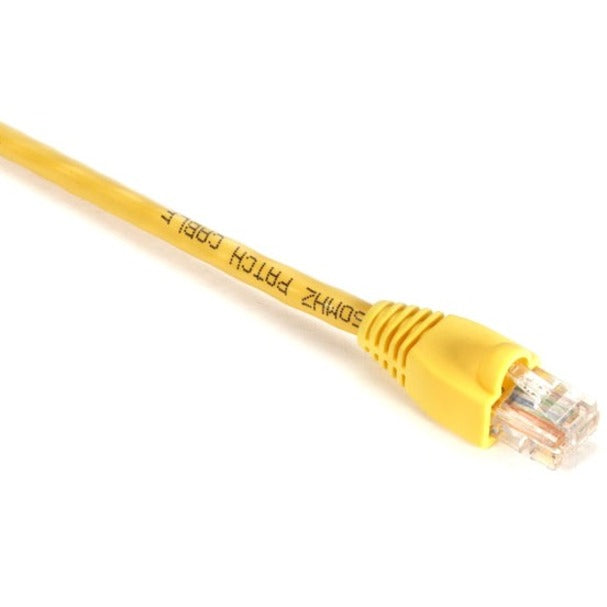 Close-up view of yellow Cat.5e network cable with snagless boot and gold-plated RJ-45 connector