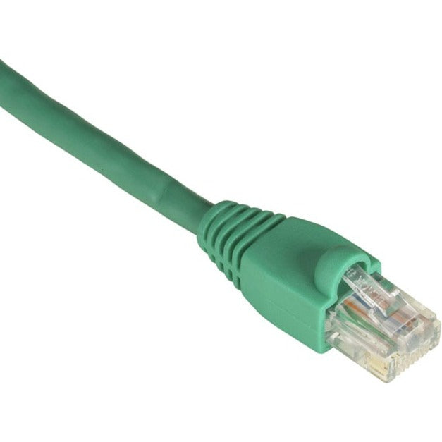 Close-up of green Cat.5e network cable connector showing snagless boot design and gold-plated RJ-45 contacts