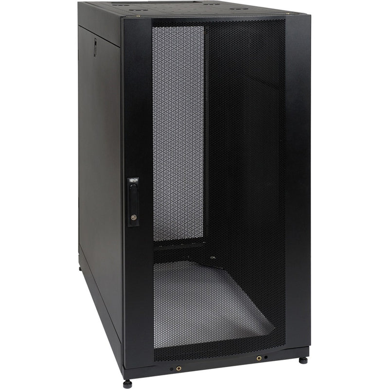 Front view of Tripp Lite SR25UB 25U server cabinet showing perforated mesh door panel and robust frame construction