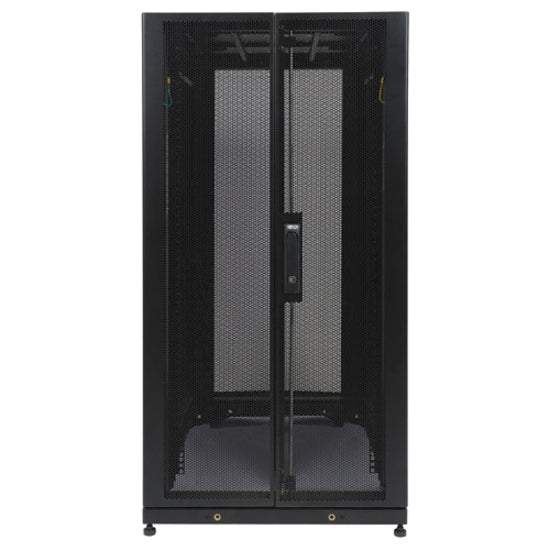 Rear view of Tripp Lite SR25UB server cabinet showing split mesh doors and secure locking system