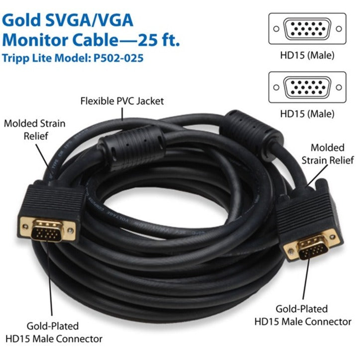 Detailed diagram of Tripp Lite P502-025 SVGA/VGA cable showing key features and specifications