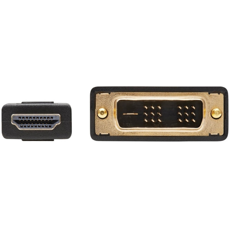 Detailed view of HDMI and DVI connector interfaces on Tripp Lite cable