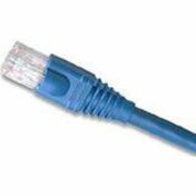 Close-up view of blue Leviton Cat. 5e patch cable RJ-45 connector with strain relief boot