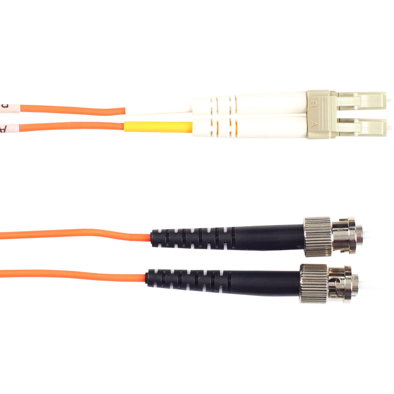 Close-up view of Black Box fiber optic cable showing ST and LC connector ends with orange cable jacket