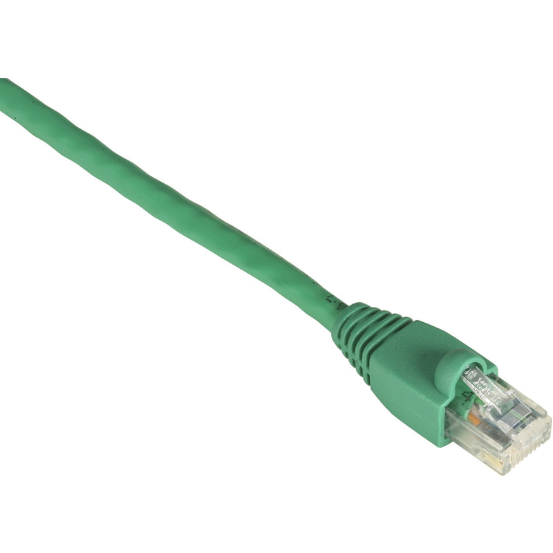 Green Cat6 ethernet patch cable with snagless boot and RJ-45 connector showing gold-plated contacts