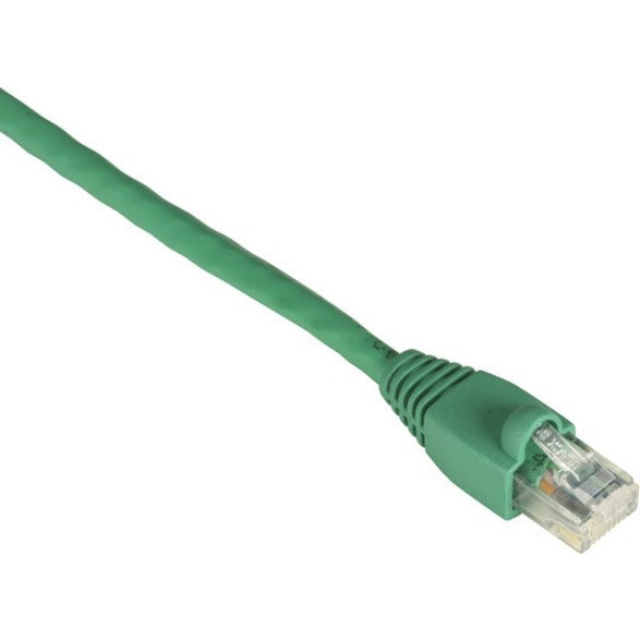 Close-up view of green Cat6 ethernet cable with snagless boot and gold-plated RJ-45 connector