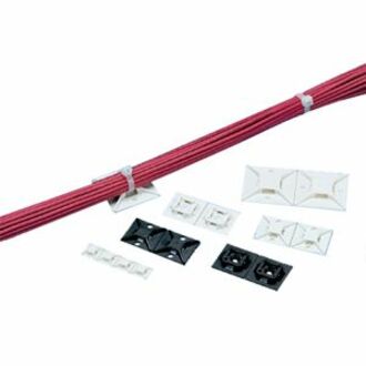 Panduit cable tie mounts shown in black and white colors securing red cable bundle with adhesive backing