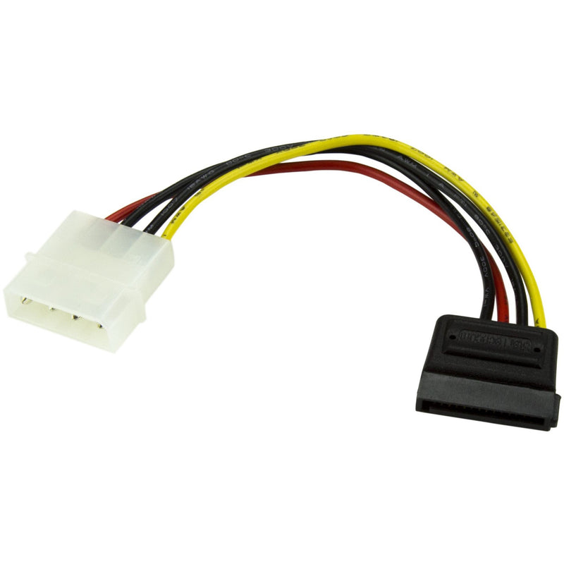 StarTech.com Molex to SATA power adapter cable showing white LP4 connector and black SATA end with colored wires