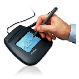 ePadlink VP9840 signature pad with LCD screen showing active signature capture and stylus in use