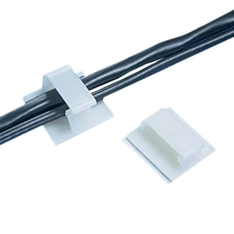 Panduit BEC75-A-L20 adhesive backed bevel entry clip shown securing bundled cables with one mounted clip and one detached clip