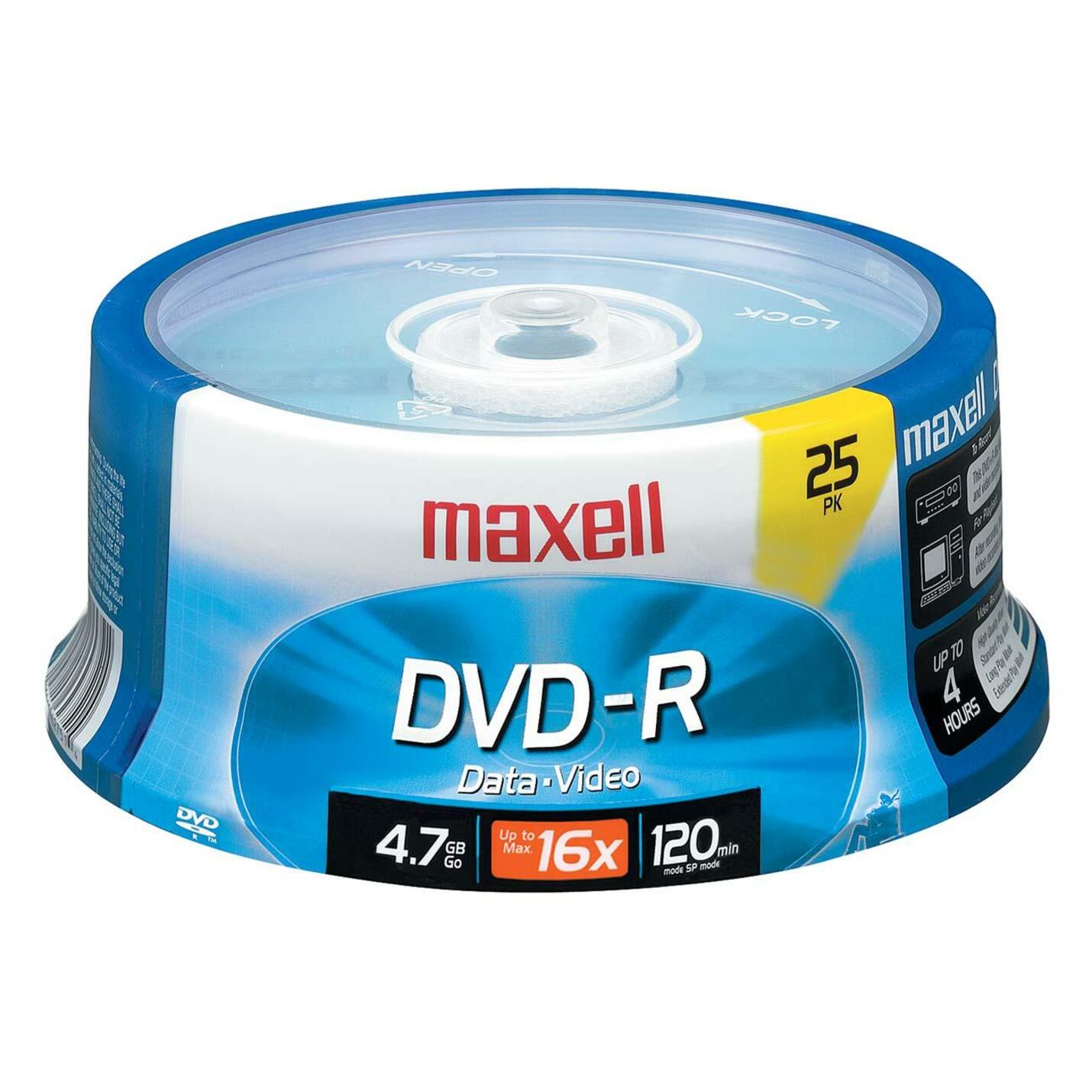 Maxell 638010 16x DVD-R Media, 4.7GB Data Storage, 25/PK