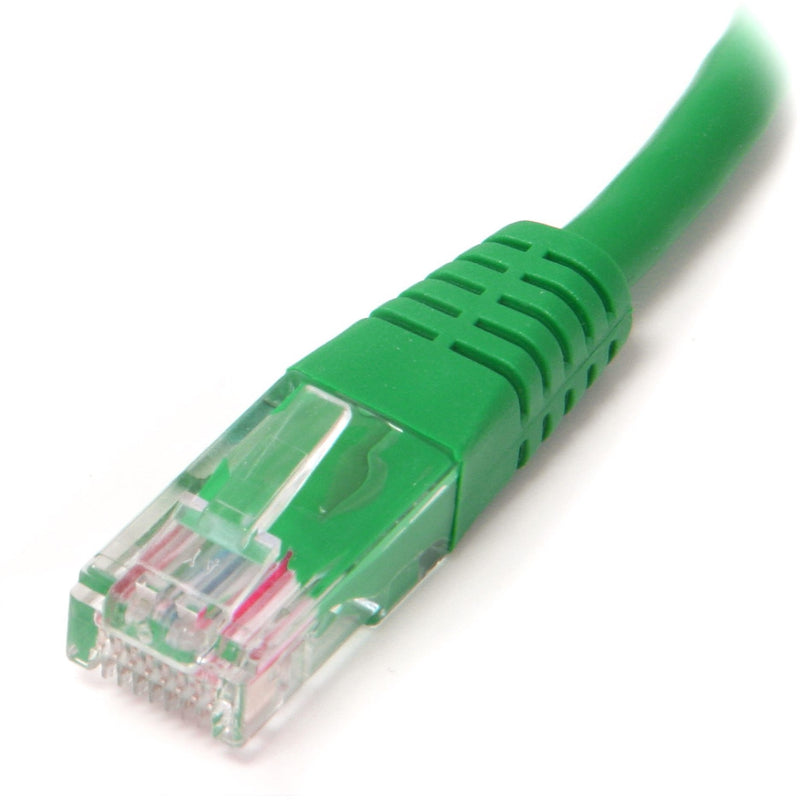 Detailed view of green Cat5e ethernet cable connector showing strain relief and gold-plated pins