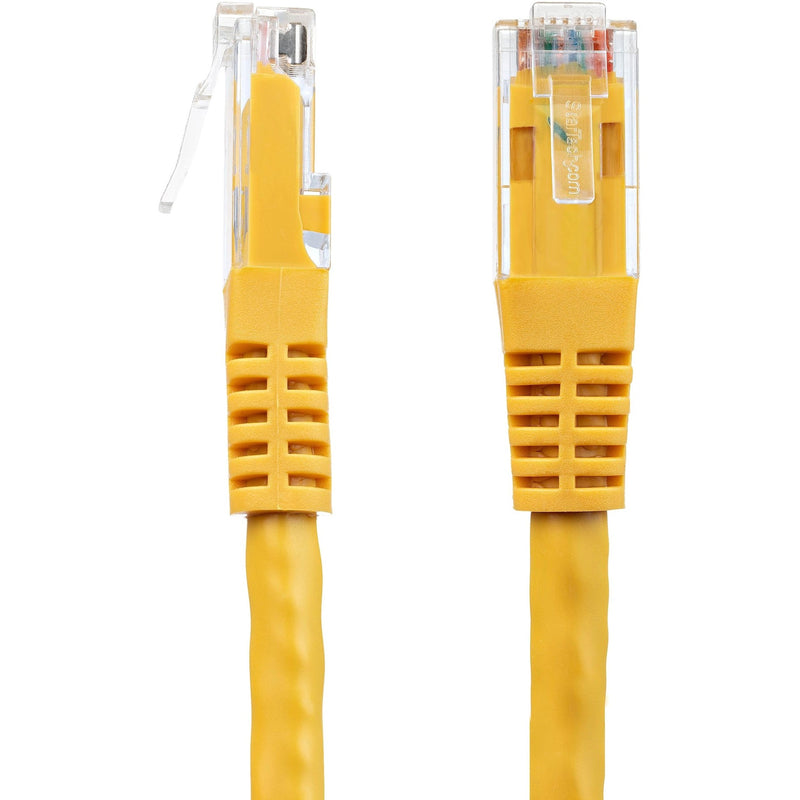 Side view of yellow Cat6 cable showing strain relief boot design and snagless connector features