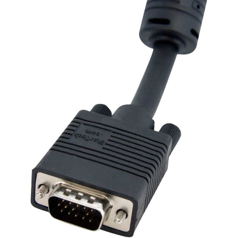 Detailed view of StarTech.com VGA cable's HD-15 male connector with mounting screws and ribbed housing